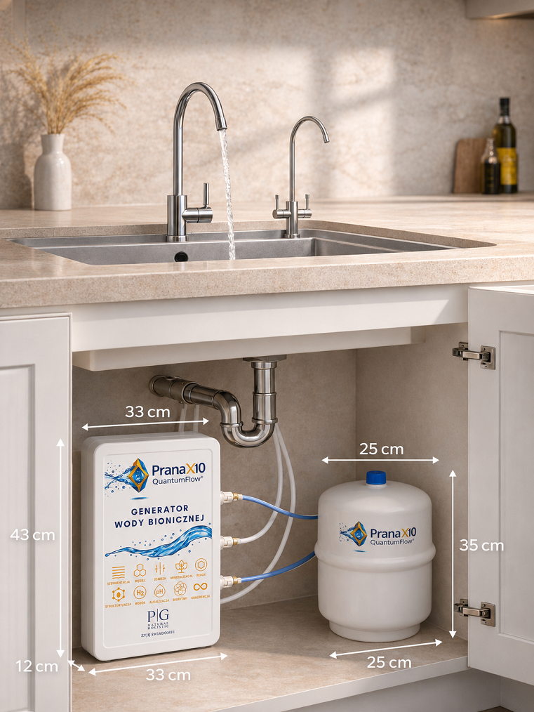 Wizualizacja dopasowania pod zlewem: generator 33 × 43 × 12 cm, zbiornik 25 × 35 cm